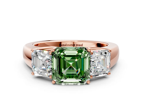 Rose gold Three-Stone Fancy Green Asscher Cut Cut Diamond Ring with Prong Setting and Classic Band