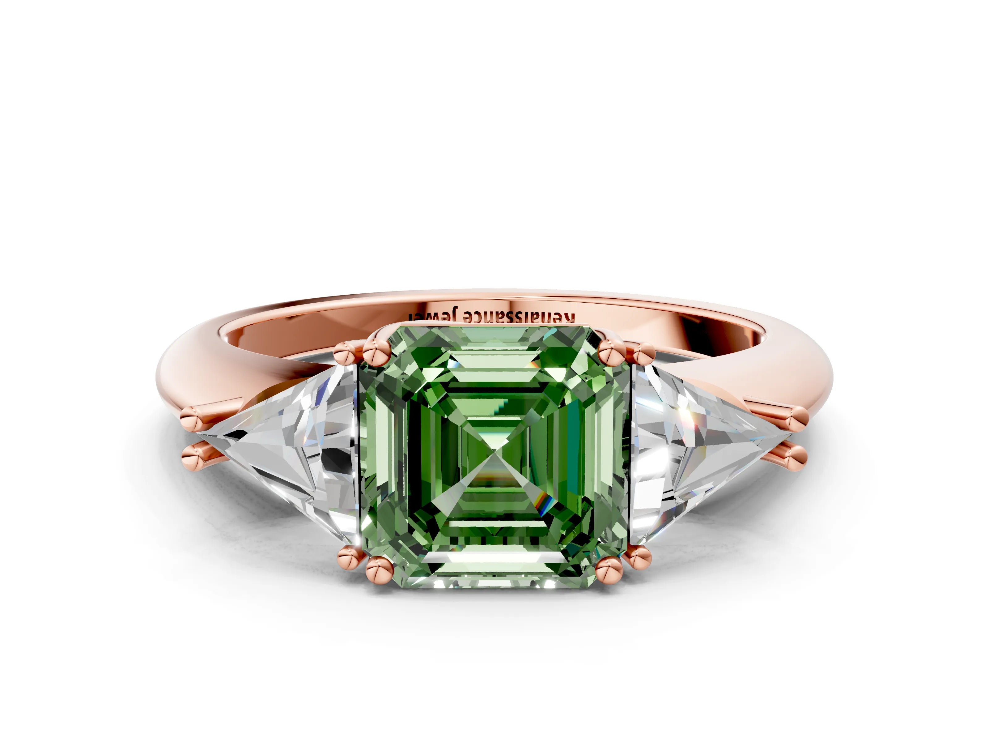 Rose gold Three-Stone Fancy Green Asscher Cut Cut Diamond Ring with Trillion Side Stones and Four-Prong Setting_3