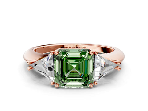Rose gold Three-Stone Fancy Green Asscher Cut Cut Diamond Ring with Trillion Side Stones and Four-Prong Setting_3