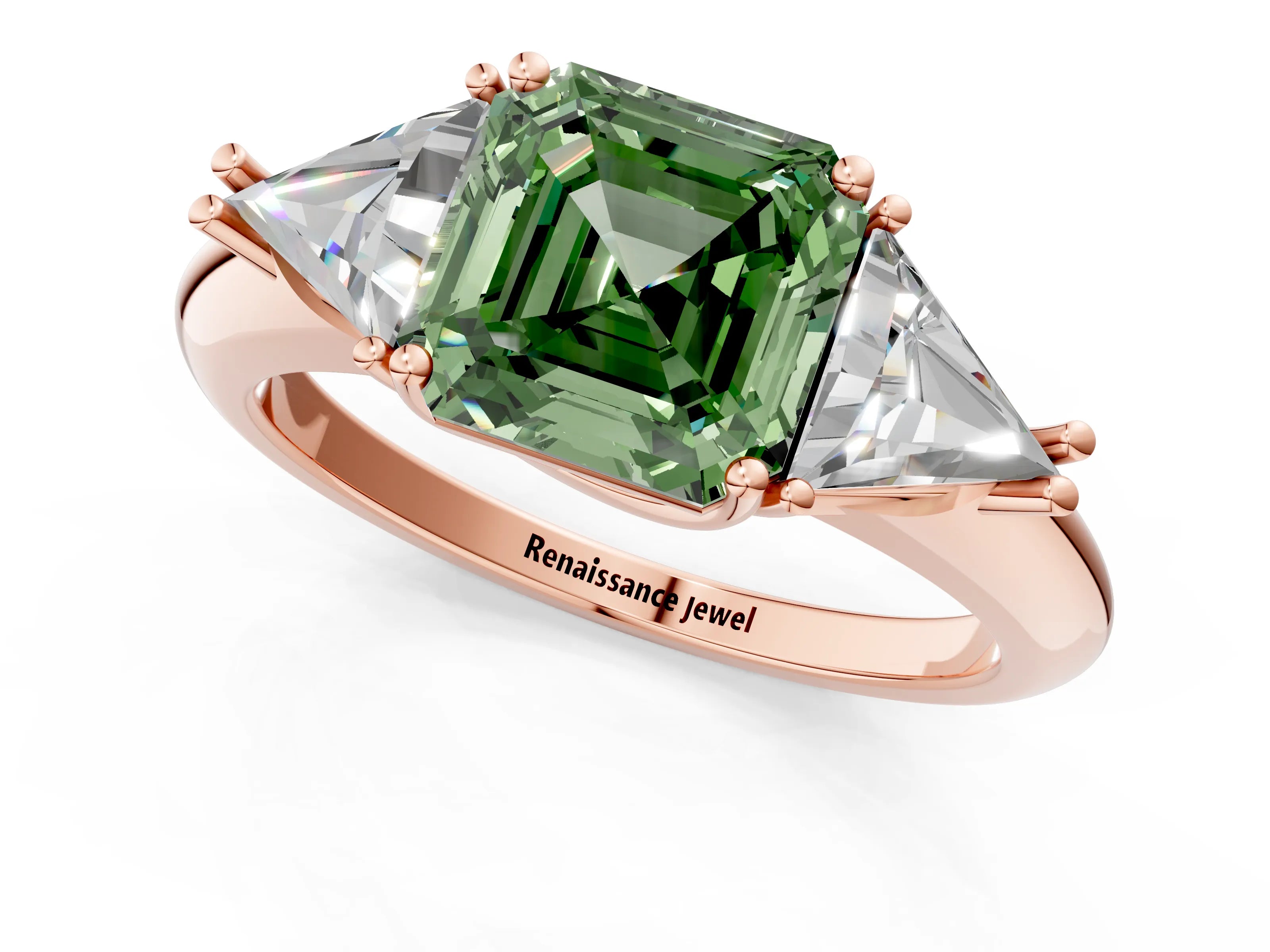 Rose gold Three-Stone Fancy Green Asscher Cut Cut Diamond Ring with Trillion Side Stones and Four-Prong Setting_4