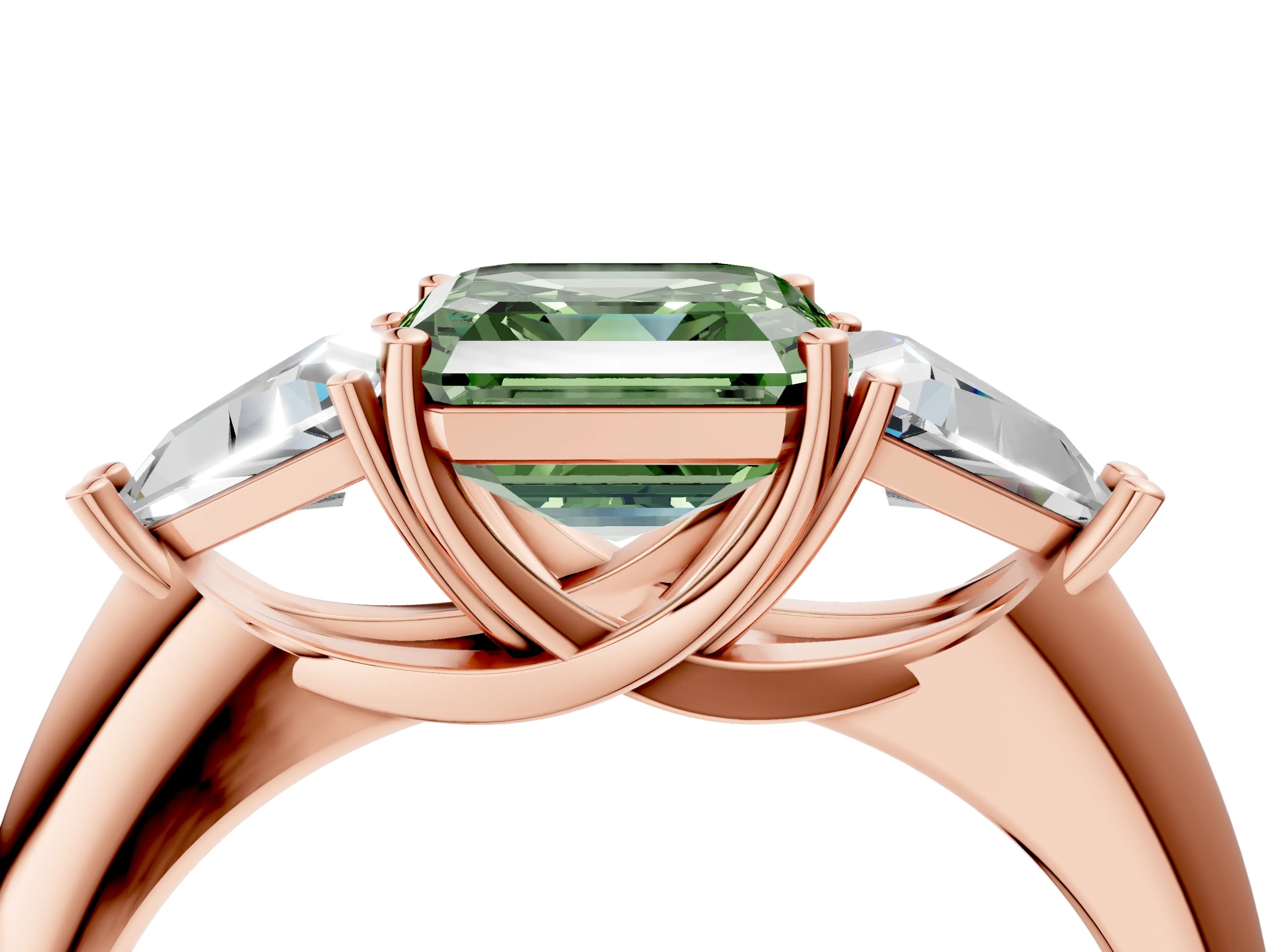 Rose gold Three-Stone Fancy Green Asscher Cut Cut Diamond Ring with Trillion Side Stones and Four-Prong Setting_7