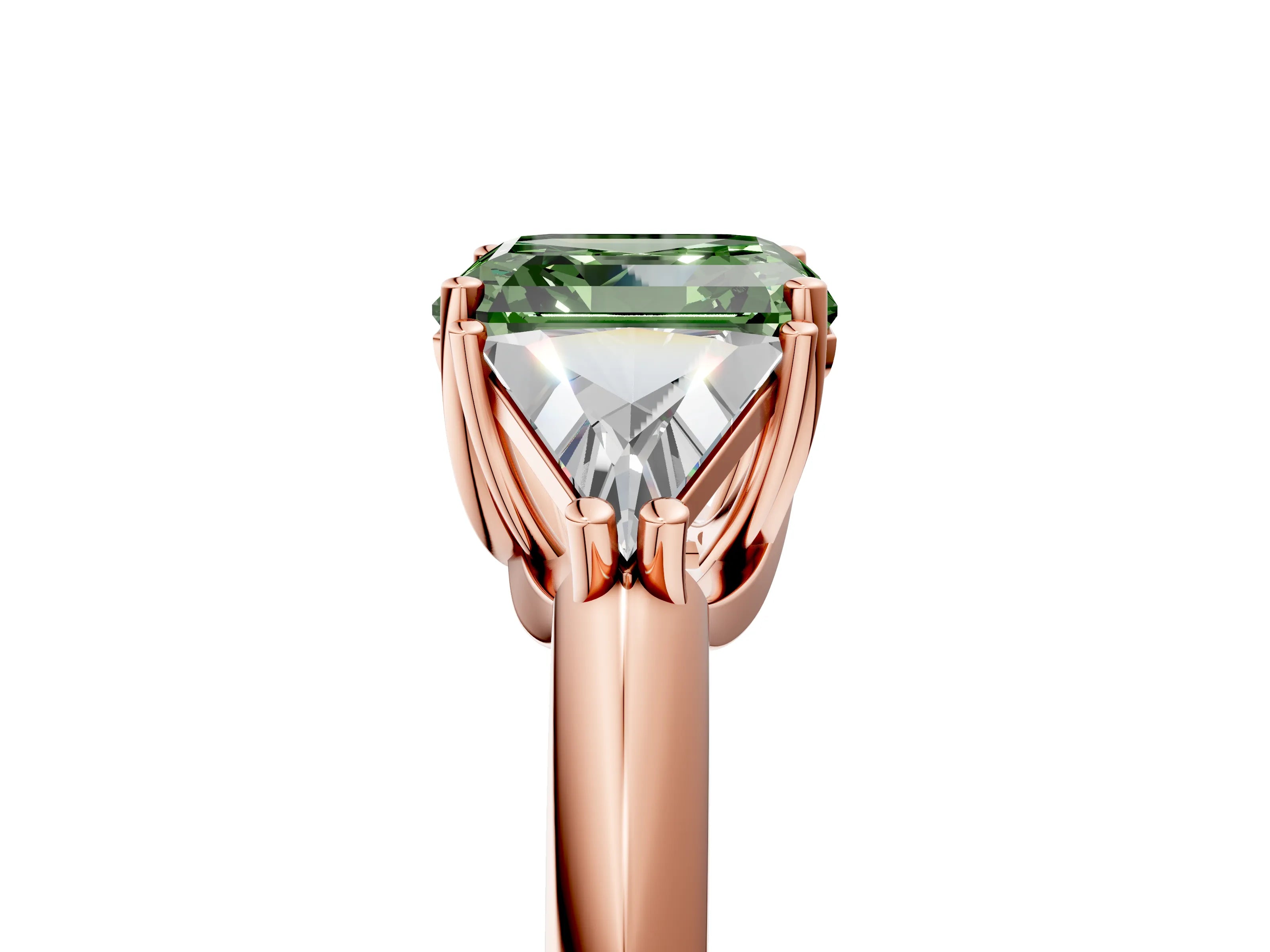 Rose gold Three-Stone Fancy Green Asscher Cut Cut Diamond Ring with Trillion Side Stones and Four-Prong Setting_8