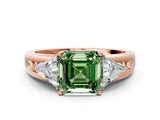 Rose gold Three-Stone Fancy Green Asscher Cut Cut Diamond Ring with Trillion Side Stones on a Split Shank Band
