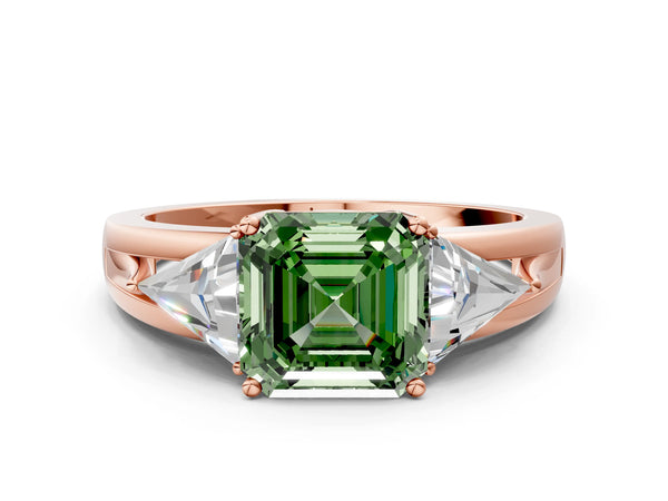 Rose Gold Asscher Cut Split Shank Three Stone Engagement Ring Setting for Fancy Green Center
