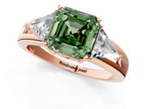 Rose gold Three-Stone Fancy Green Asscher Cut Cut Diamond Ring with Trillion Side Stones on a Split Shank Band_1