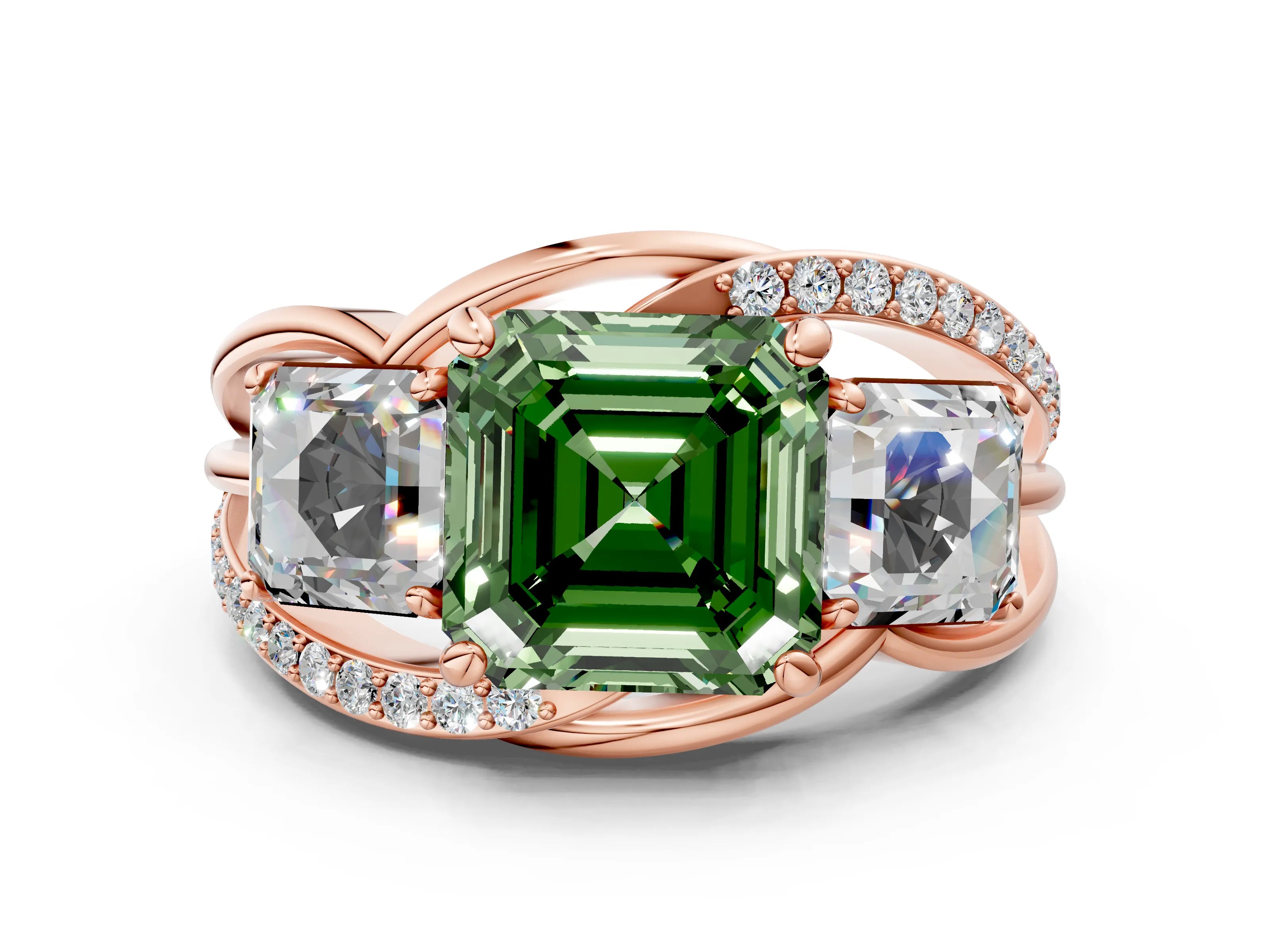 Rose gold Three-Stone Fancy Green Asscher Cut Cut Diamond Split Shank Prong Set Ring_12