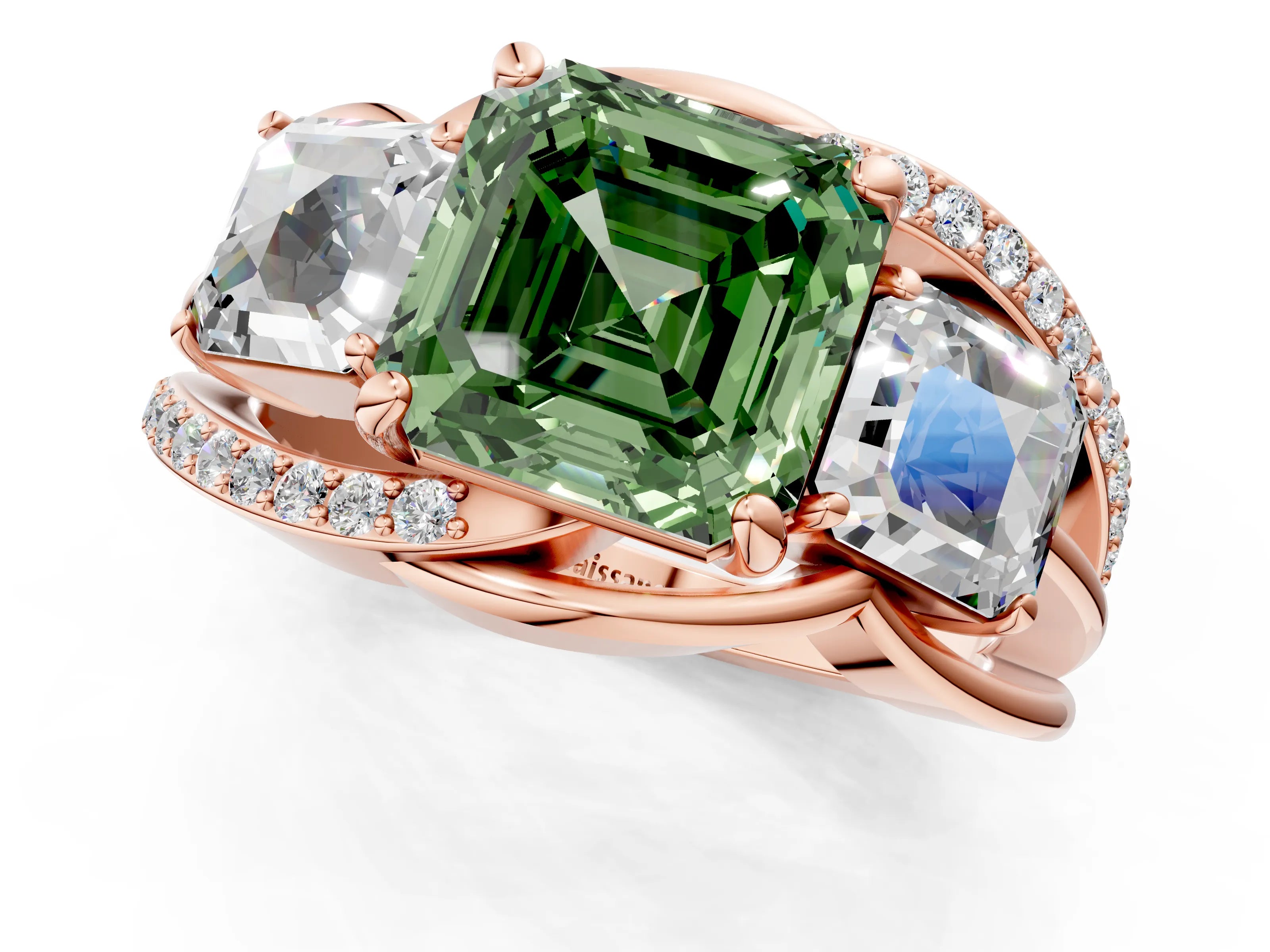 Rose gold Three-Stone Fancy Green Asscher Cut Cut Diamond Split Shank Prong Set Ring_13