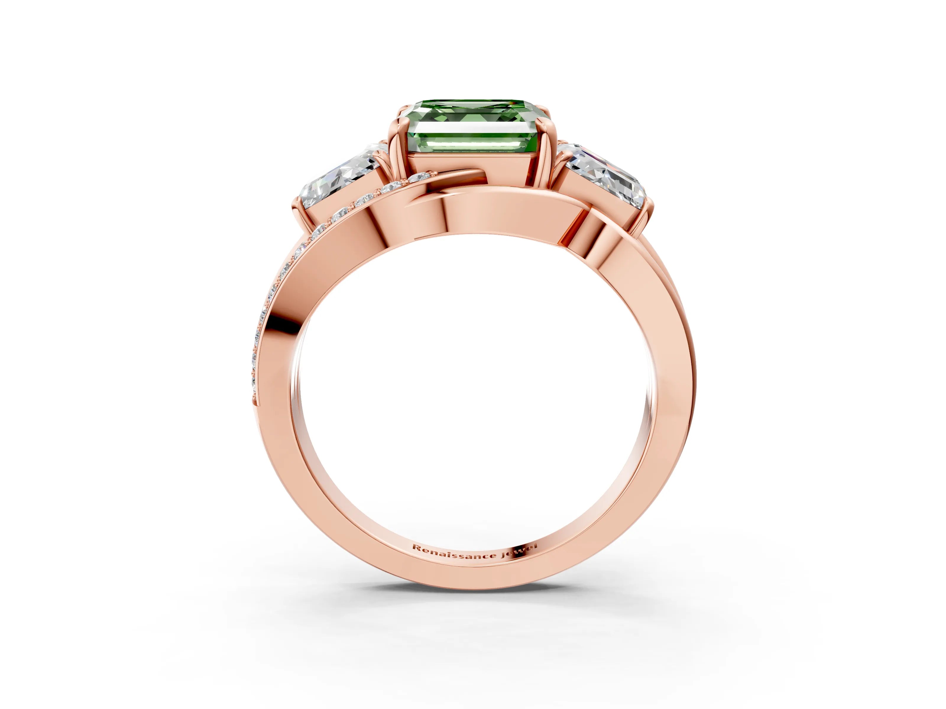 Rose gold Three-Stone Fancy Green Asscher Cut Cut Diamond Split Shank Prong Set Ring_15