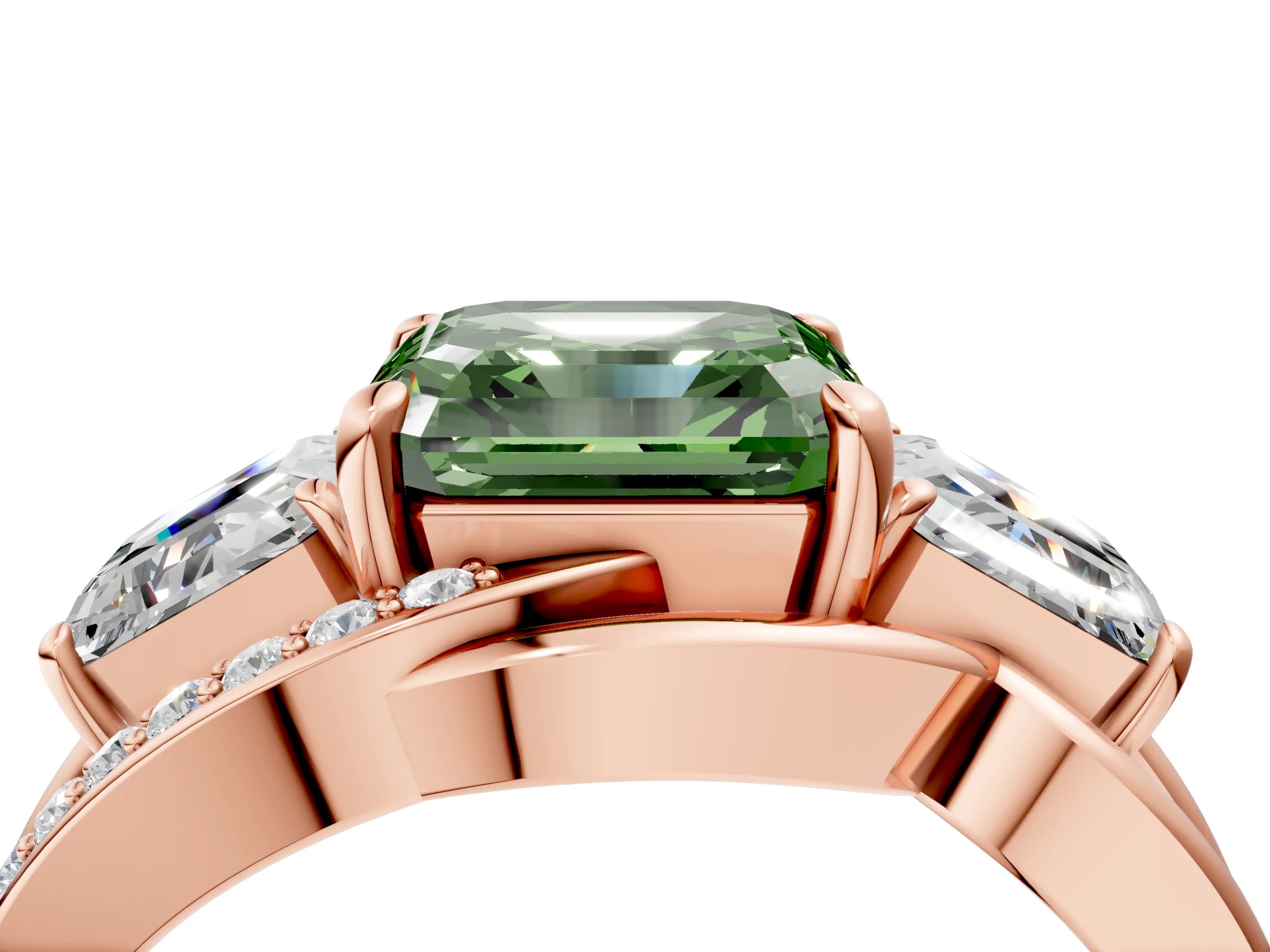 Rose gold Three-Stone Fancy Green Asscher Cut Cut Diamond Split Shank Prong Set Ring_16
