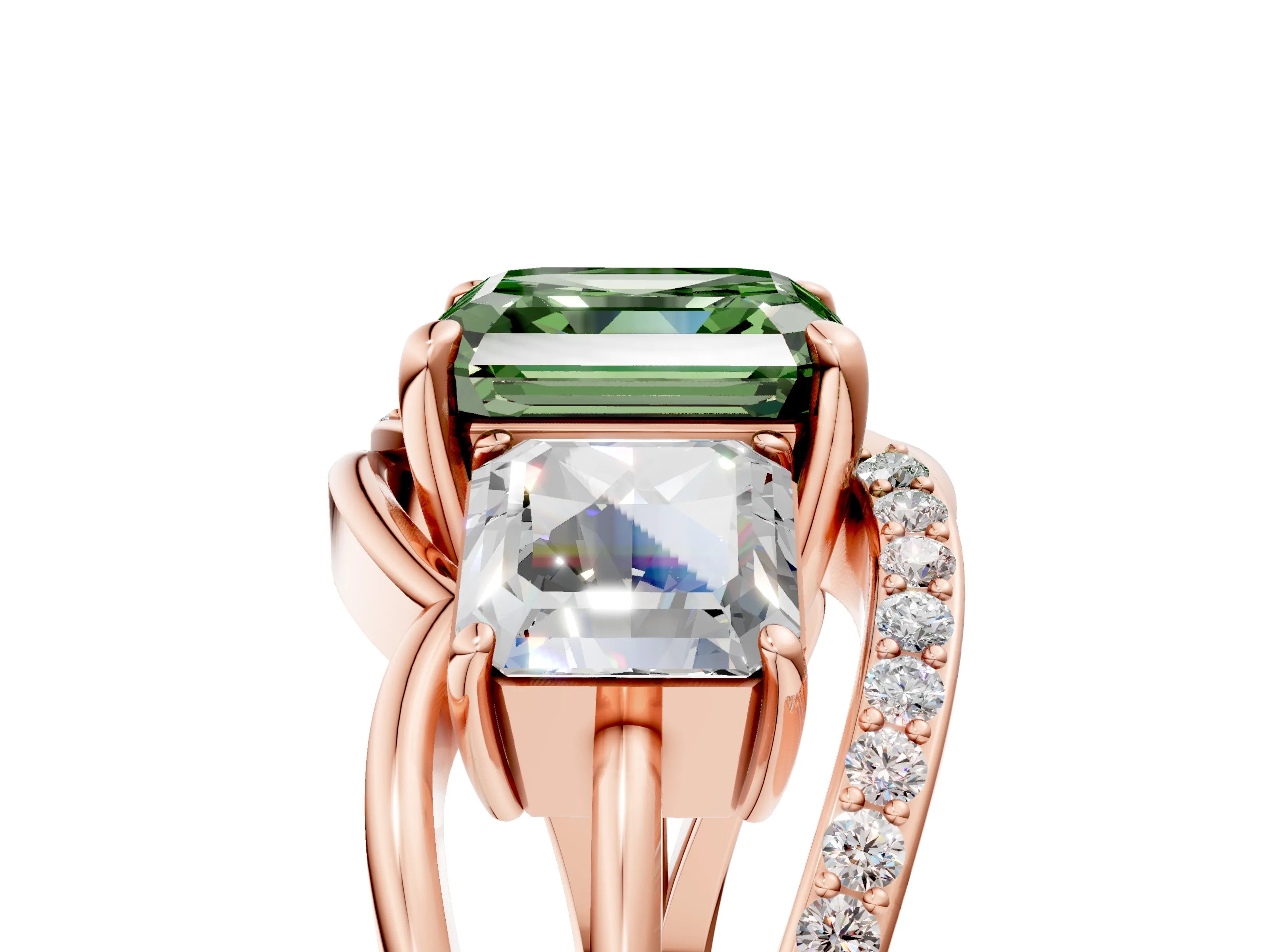 Rose gold Three-Stone Fancy Green Asscher Cut Cut Diamond Split Shank Prong Set Ring_17