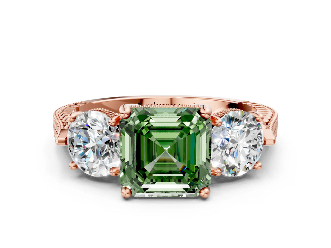 Rose gold Three-Stone Fancy Green Asscher Cut Cut Milgrain Band Prong Setting Ring