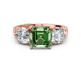Rose gold Three-Stone Fancy Green Asscher Cut Cut Milgrain Band Prong Setting Ring
