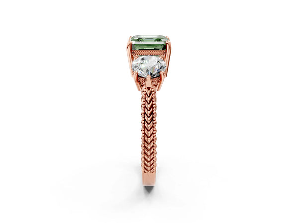 Rose Gold Asscher Cut Vintage Three Stone Engagement Ring Setting for Fancy Green Center