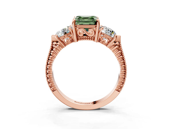 Rose Gold Asscher Cut Vintage Three Stone Engagement Ring Setting for Fancy Green Center