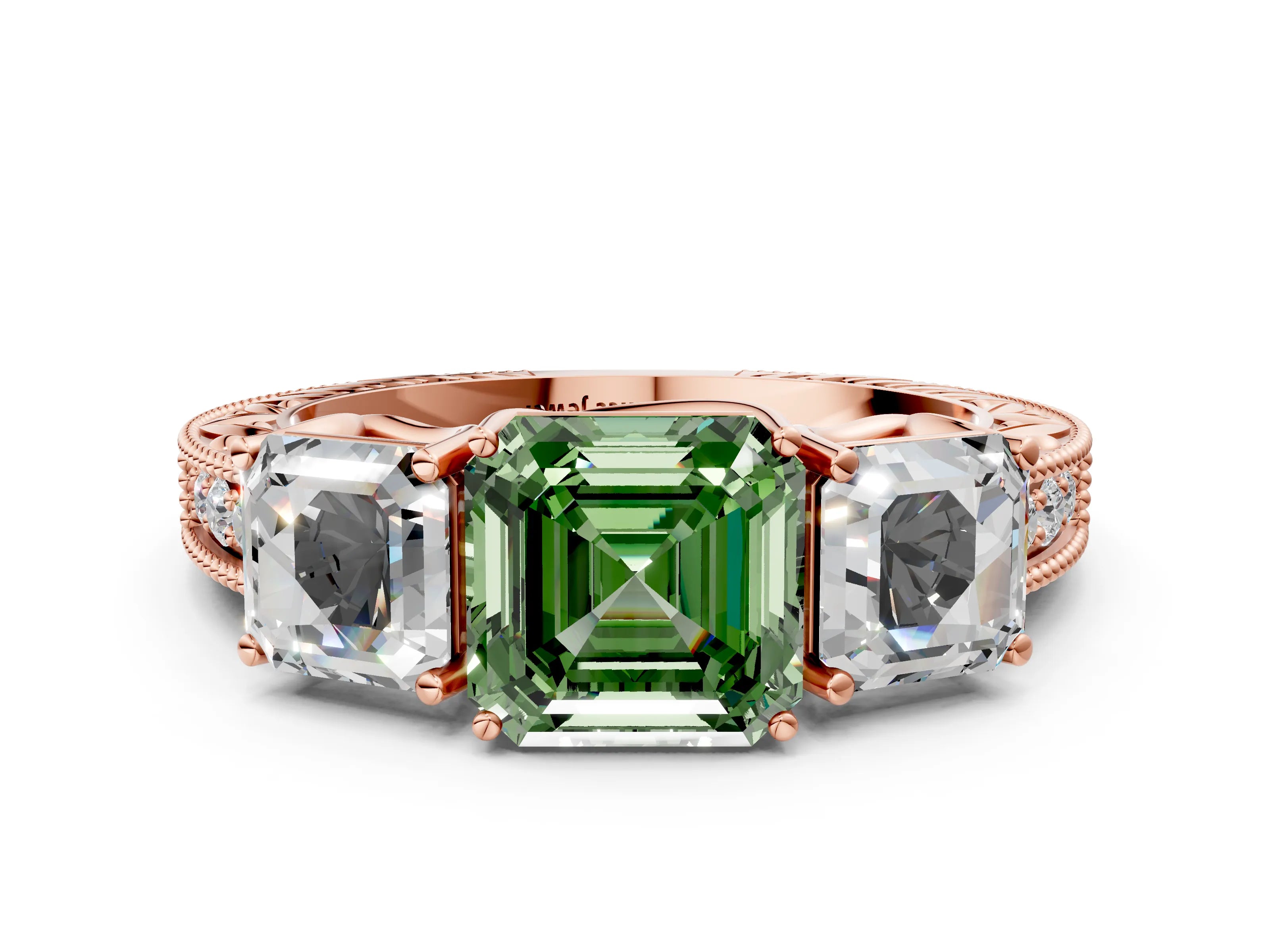 Rose gold Three-Stone Fancy Green Asscher Cut Cut Milgrain Pavé Engagement Ring