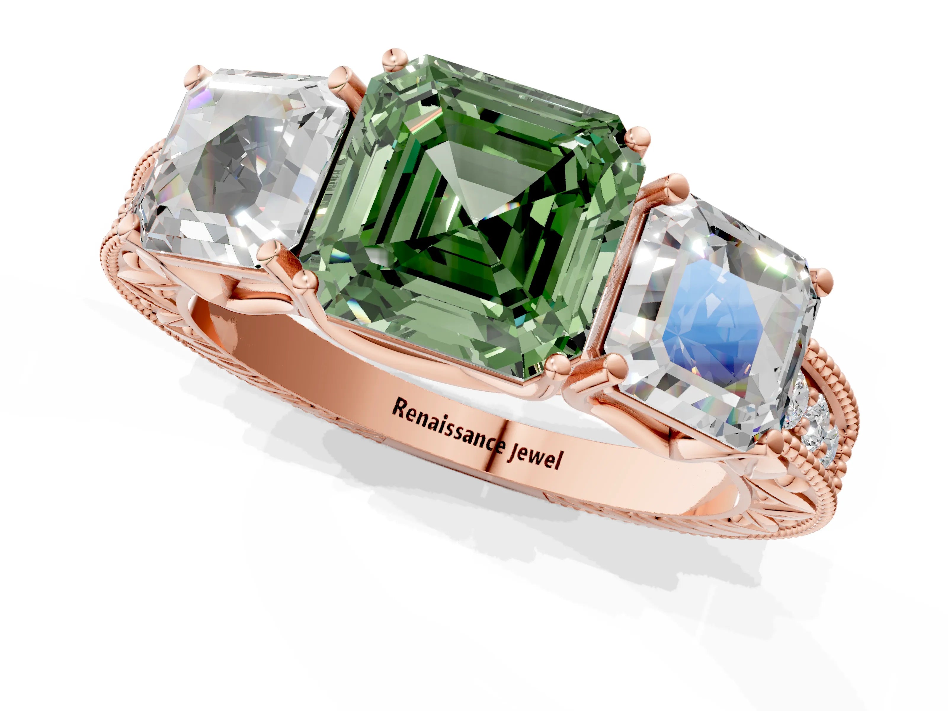 Rose gold Three-Stone Fancy Green Asscher Cut Cut Milgrain Pavé Engagement Ring_1