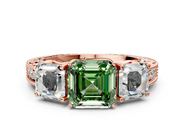 Rose Gold Asscher Cut Engraved Three Stone Engagement Ring Setting for Fancy Green Center