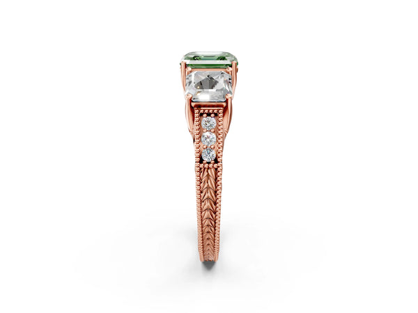 Rose Gold Asscher Cut Engraved Three Stone Engagement Ring Setting for Fancy Green Center