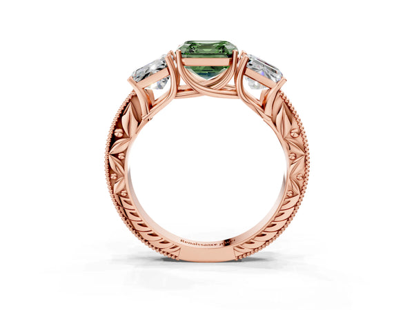 Rose Gold Asscher Cut Engraved Three Stone Engagement Ring Setting for Fancy Green Center
