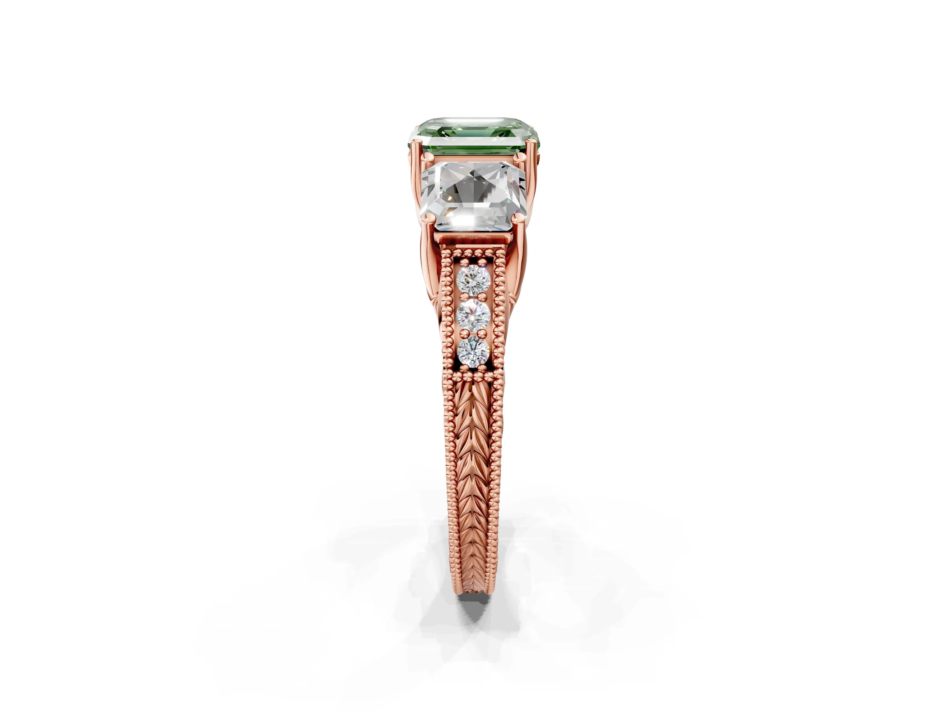 Rose gold Three-Stone Fancy Green Asscher Cut Cut Milgrain Pavé Engagement Ring_2