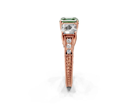 Rose gold Three-Stone Fancy Green Asscher Cut Cut Milgrain Pavé Engagement Ring_2