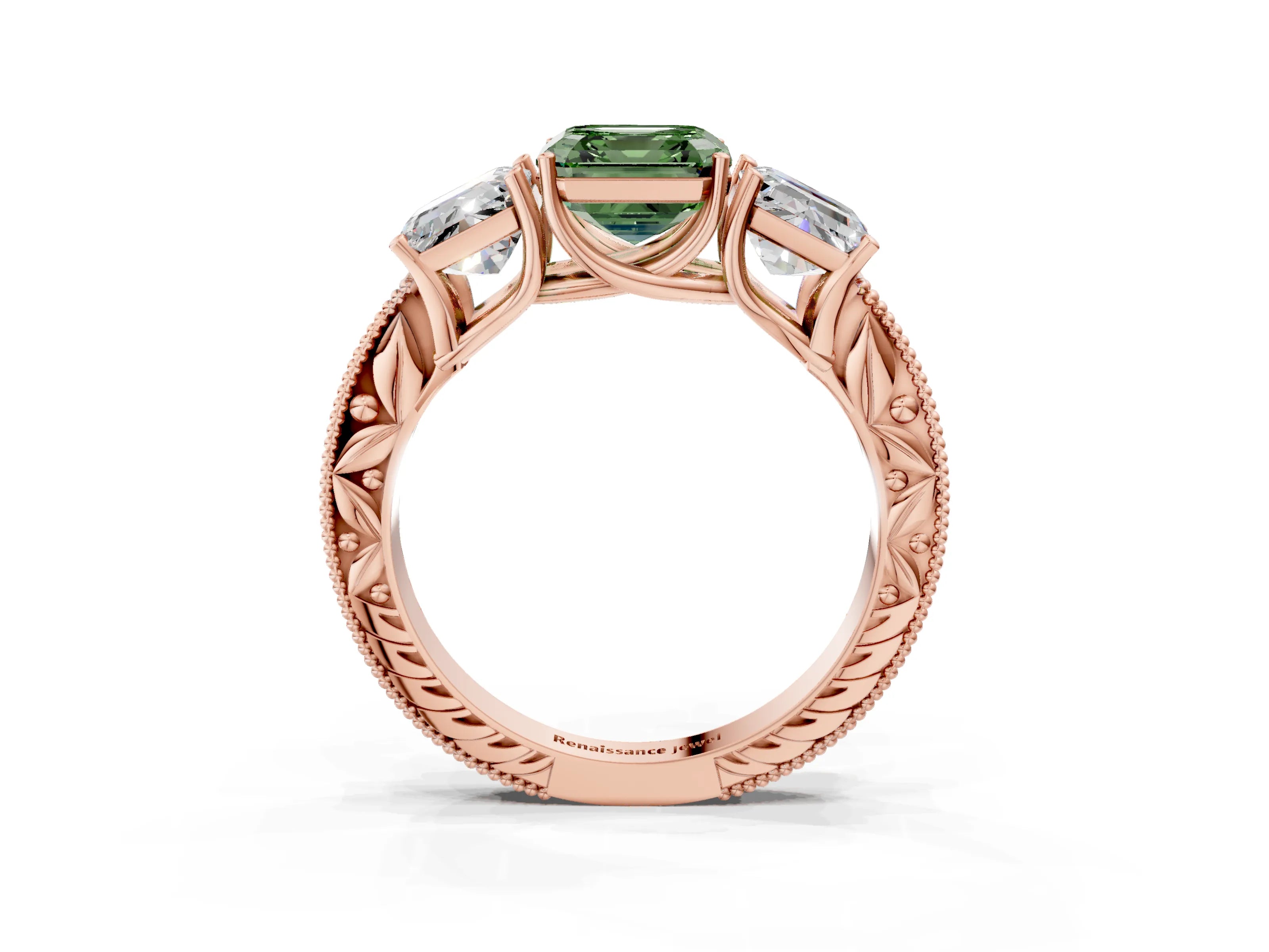 Rose gold Three-Stone Fancy Green Asscher Cut Cut Milgrain Pavé Engagement Ring_3
