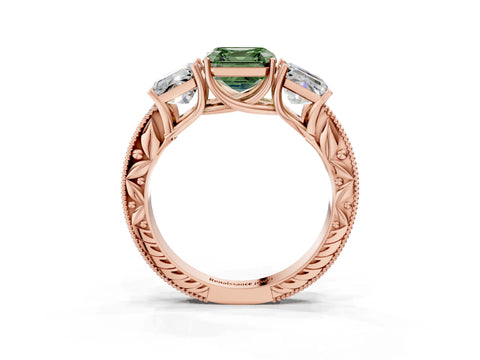 Rose gold Three-Stone Fancy Green Asscher Cut Cut Milgrain Pavé Engagement Ring_3