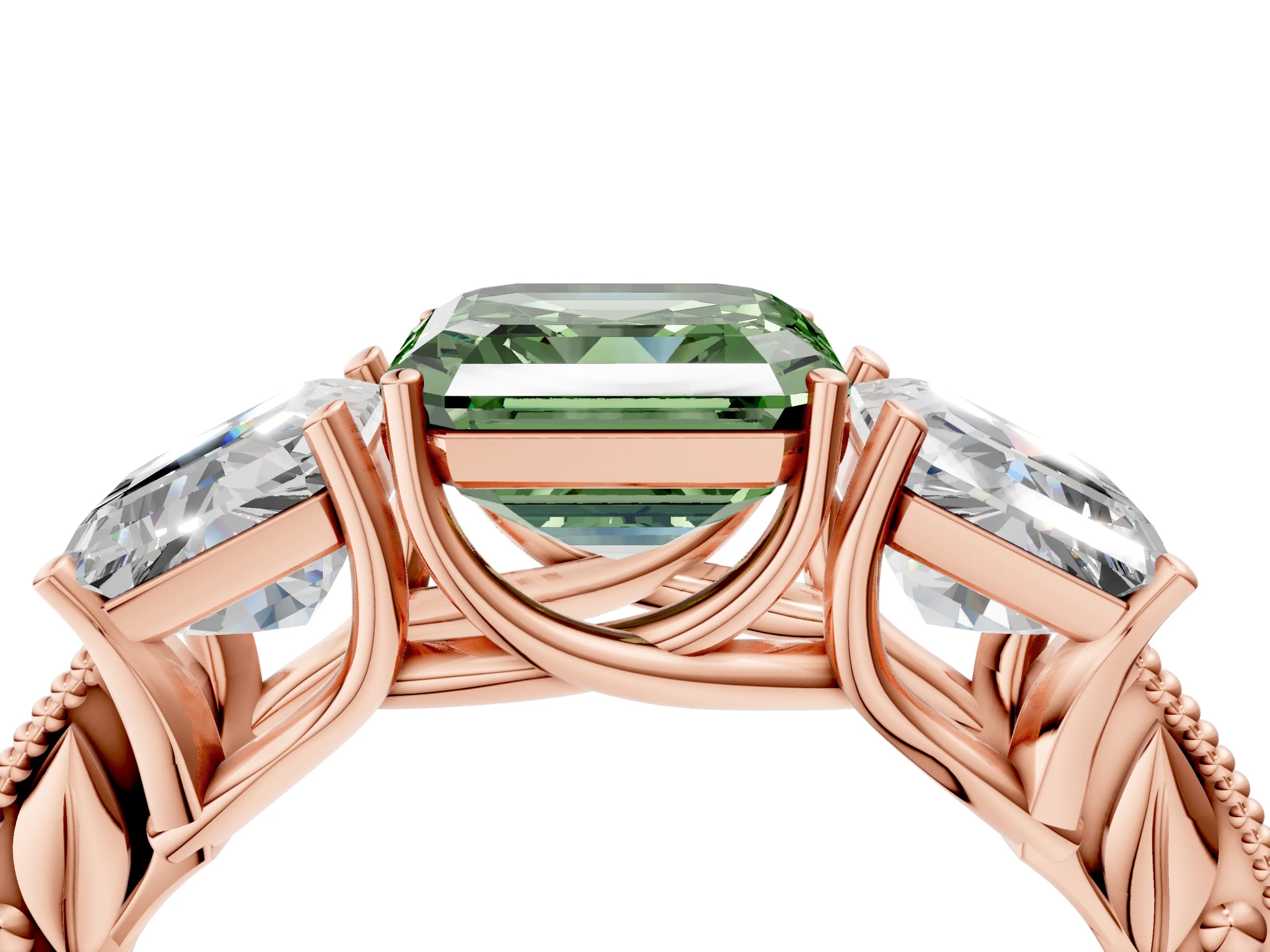 Rose gold Three-Stone Fancy Green Asscher Cut Cut Milgrain Pavé Engagement Ring_4