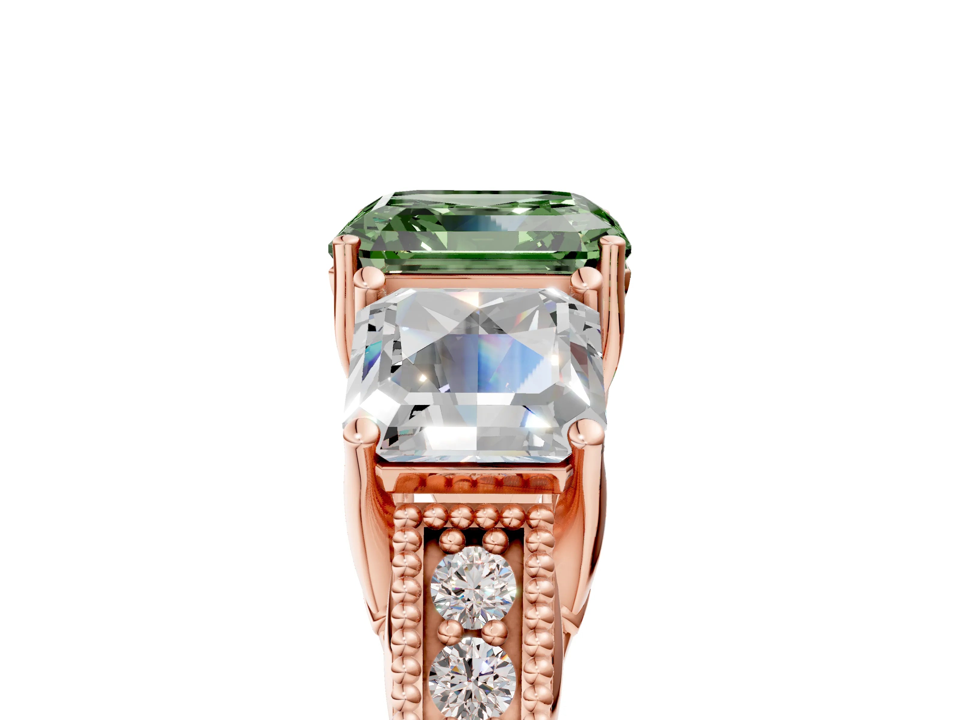 Rose gold Three-Stone Fancy Green Asscher Cut Cut Milgrain Pavé Engagement Ring_5