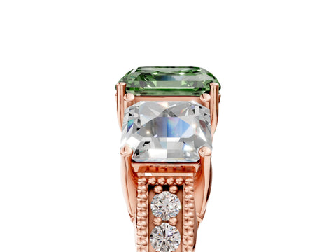 Rose gold Three-Stone Fancy Green Asscher Cut Cut Milgrain Pavé Engagement Ring_5