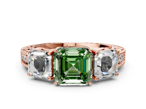 Rose gold Three-Stone Fancy Green Asscher Cut Cut Milgrain Pavé Engagement Ring