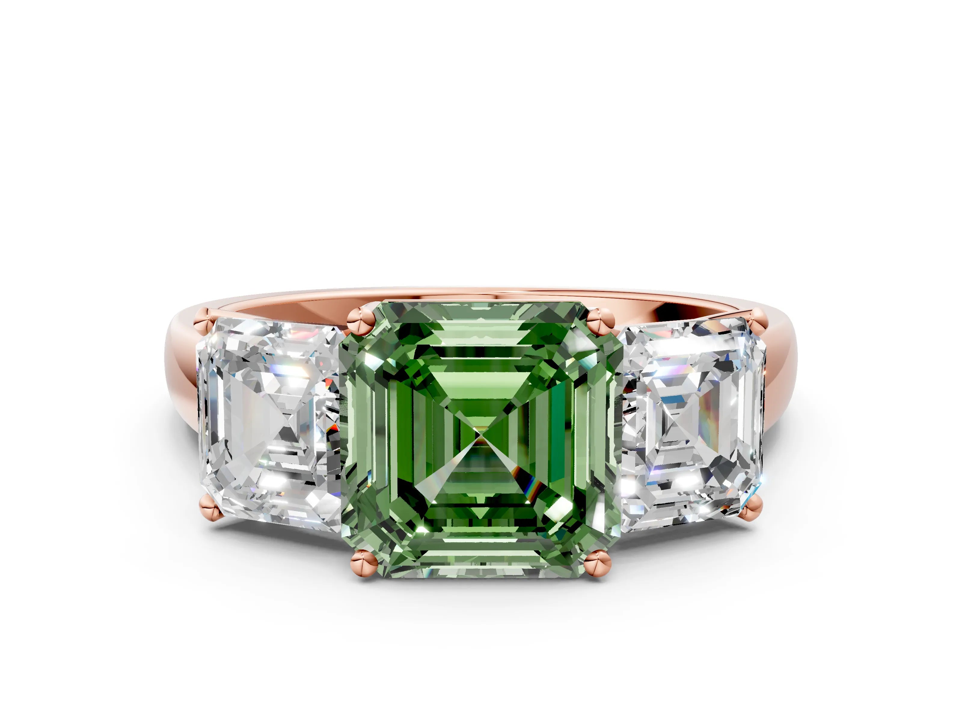 Rose gold Three-Stone Fancy Green Asscher Cut Cut Solitaire Ring with Classic Prong Setting
