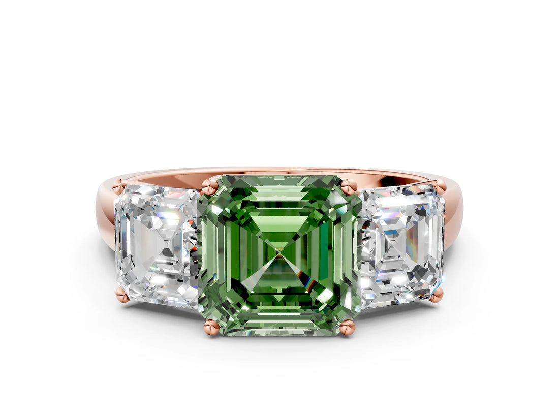 Rose gold Three-Stone Fancy Green Asscher Cut Cut Solitaire Ring with Classic Prong Setting