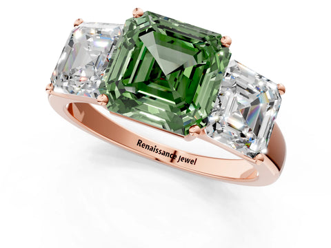 Rose gold Three-Stone Fancy Green Asscher Cut Cut Solitaire Ring with Classic Prong Setting_1