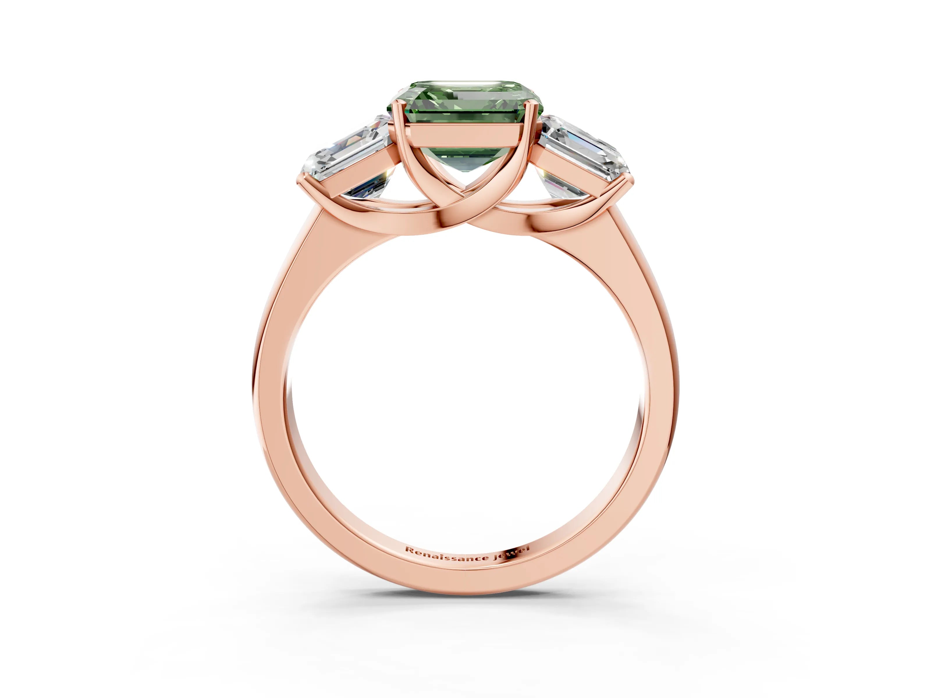 Rose gold Three-Stone Fancy Green Asscher Cut Cut Solitaire Ring with Classic Prong Setting_3