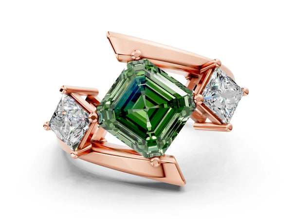 Rose gold Three-Stone Fancy Green Asscher Cut Cut Tension Band Ring with Four-Prong Setting