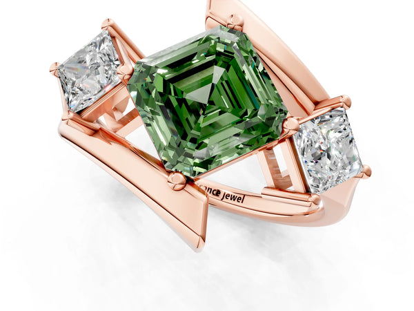 Rose gold Three-Stone Fancy Green Asscher Cut Cut Tension Band Ring with Four-Prong Setting