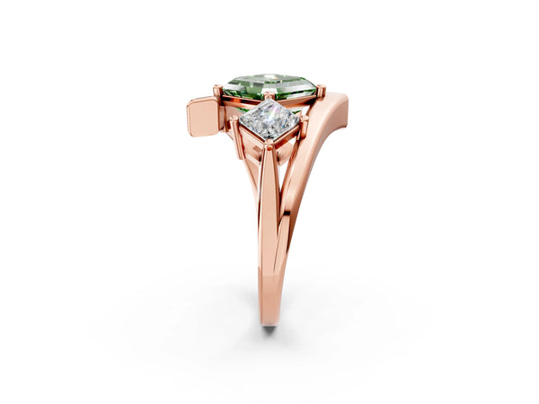 Rose gold Three-Stone Fancy Green Asscher Cut Cut Tension Band Ring with Four-Prong Setting
