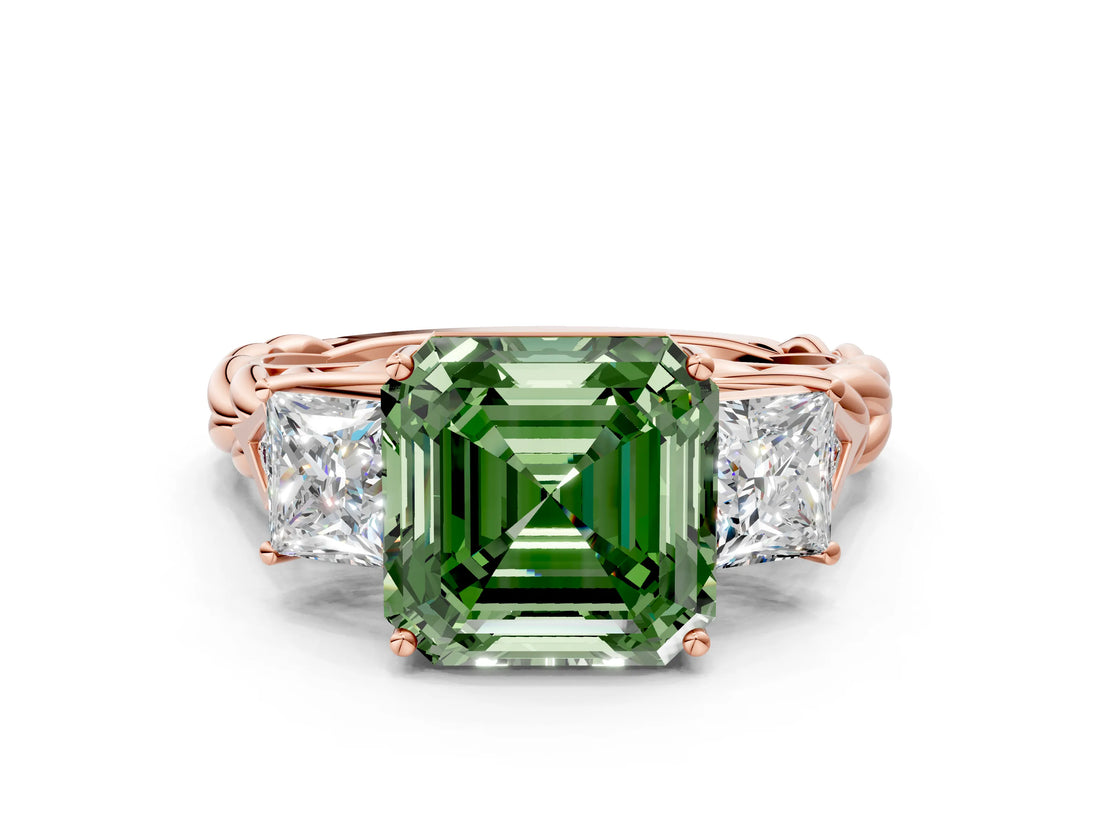 Rose gold Three-Stone Fancy Green Asscher Cut Diamond Braided Band Ring with Four-Prong Setting_51