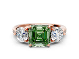 Rose gold Three-Stone Fancy Green Asscher Cut Diamond Channel Set Engagement Ring with Prong Setting