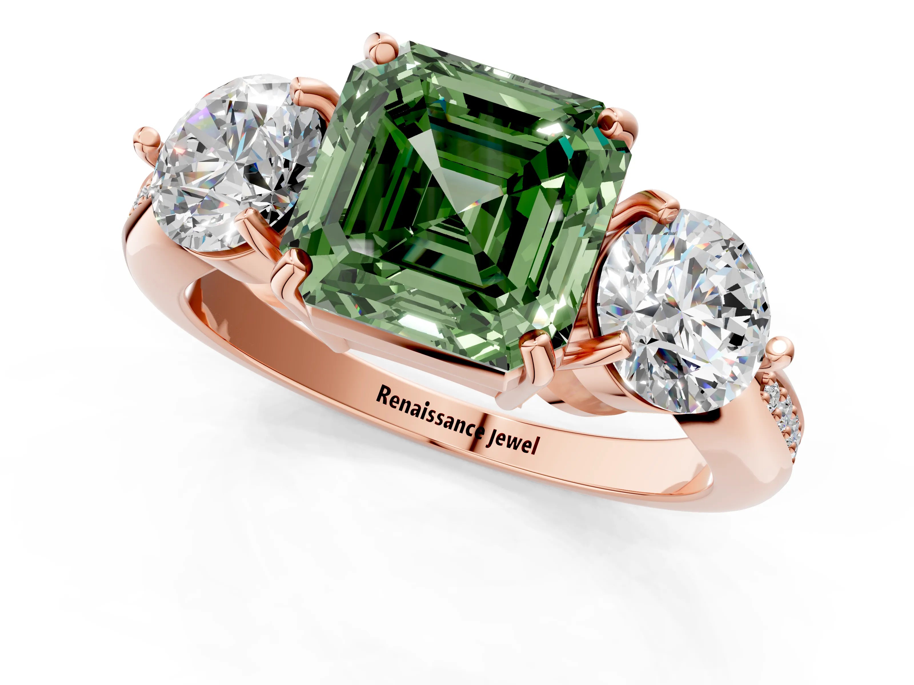 Rose gold Three-Stone Fancy Green Asscher Cut Diamond Channel Set Engagement Ring with Prong Setting_1