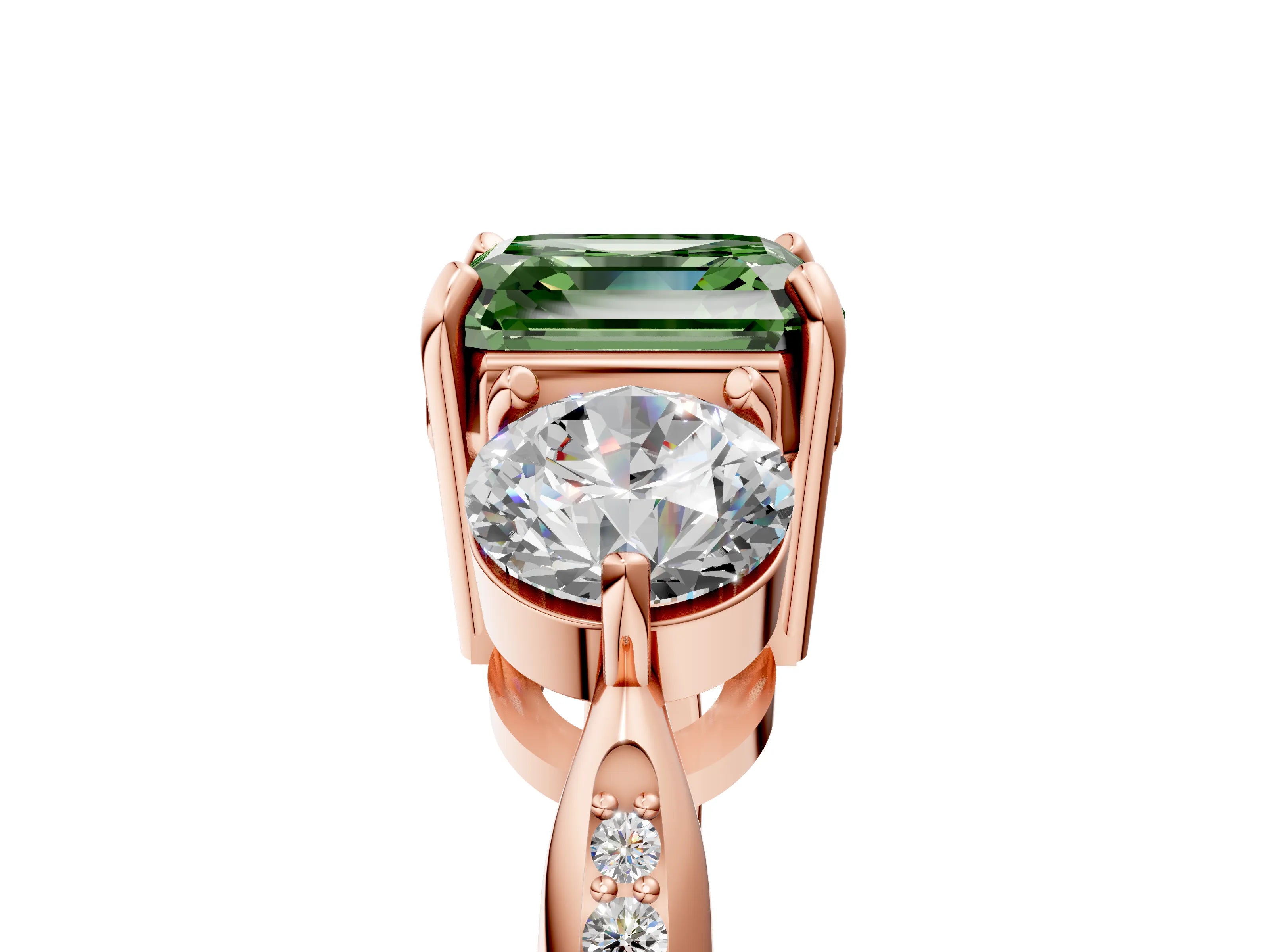 Rose gold Three-Stone Fancy Green Asscher Cut Diamond Channel Set Engagement Ring with Prong Setting_17
