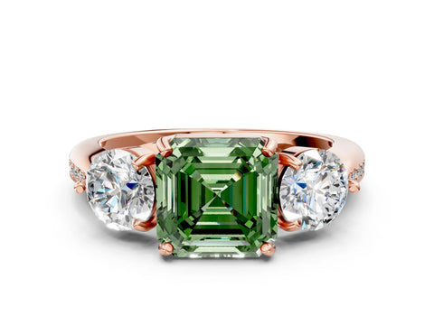 Rose gold Three-Stone Fancy Green Asscher Cut Diamond Channel Set Engagement Ring with Prong Setting
