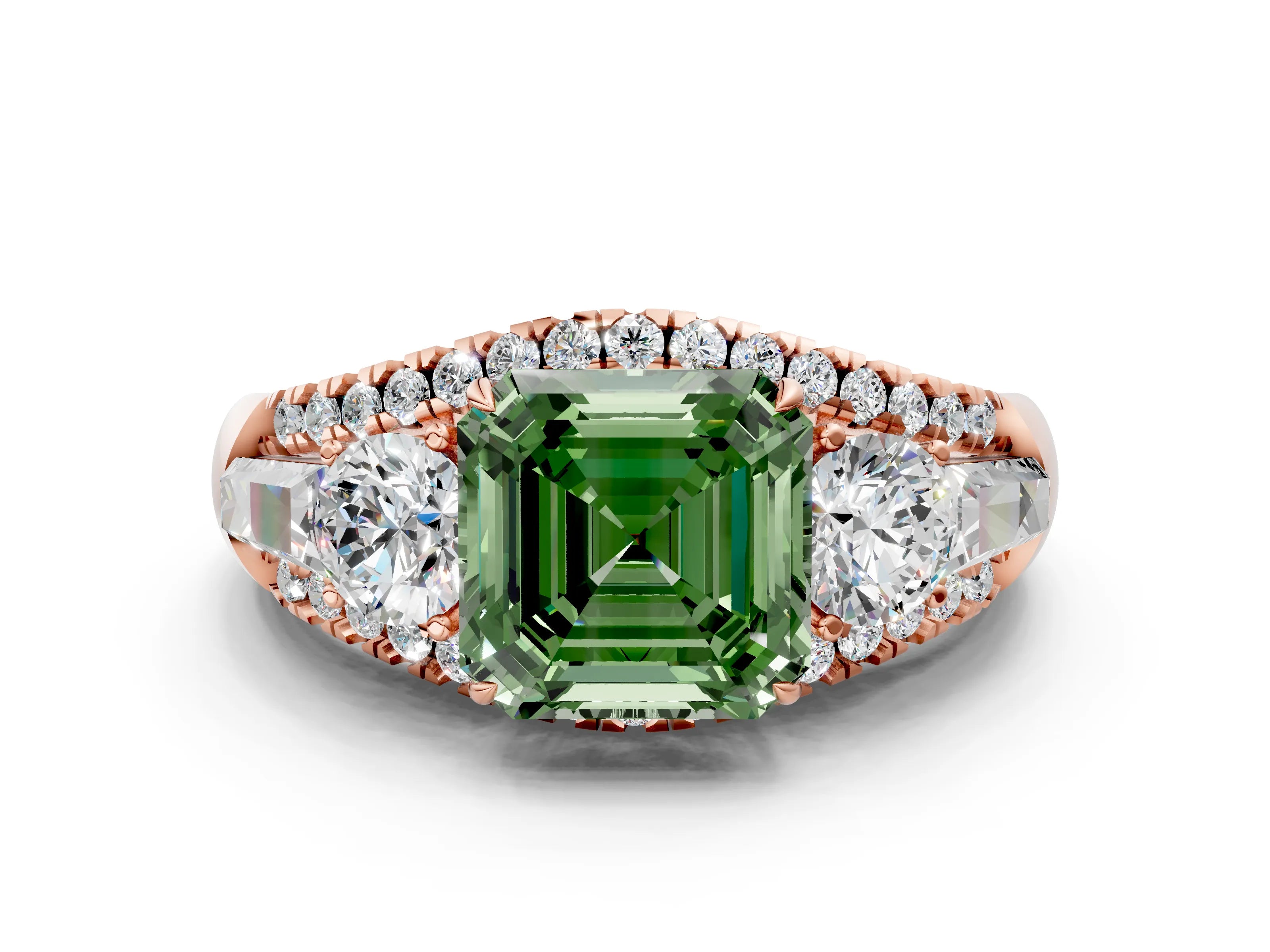 Rose gold Three-Stone Fancy Green Asscher Cut Diamond Engagement Ring with Pave Band and Prong Setting