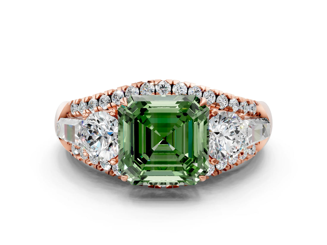 Rose gold Three-Stone Fancy Green Asscher Cut Diamond Engagement Ring with Pave Band and Prong Setting