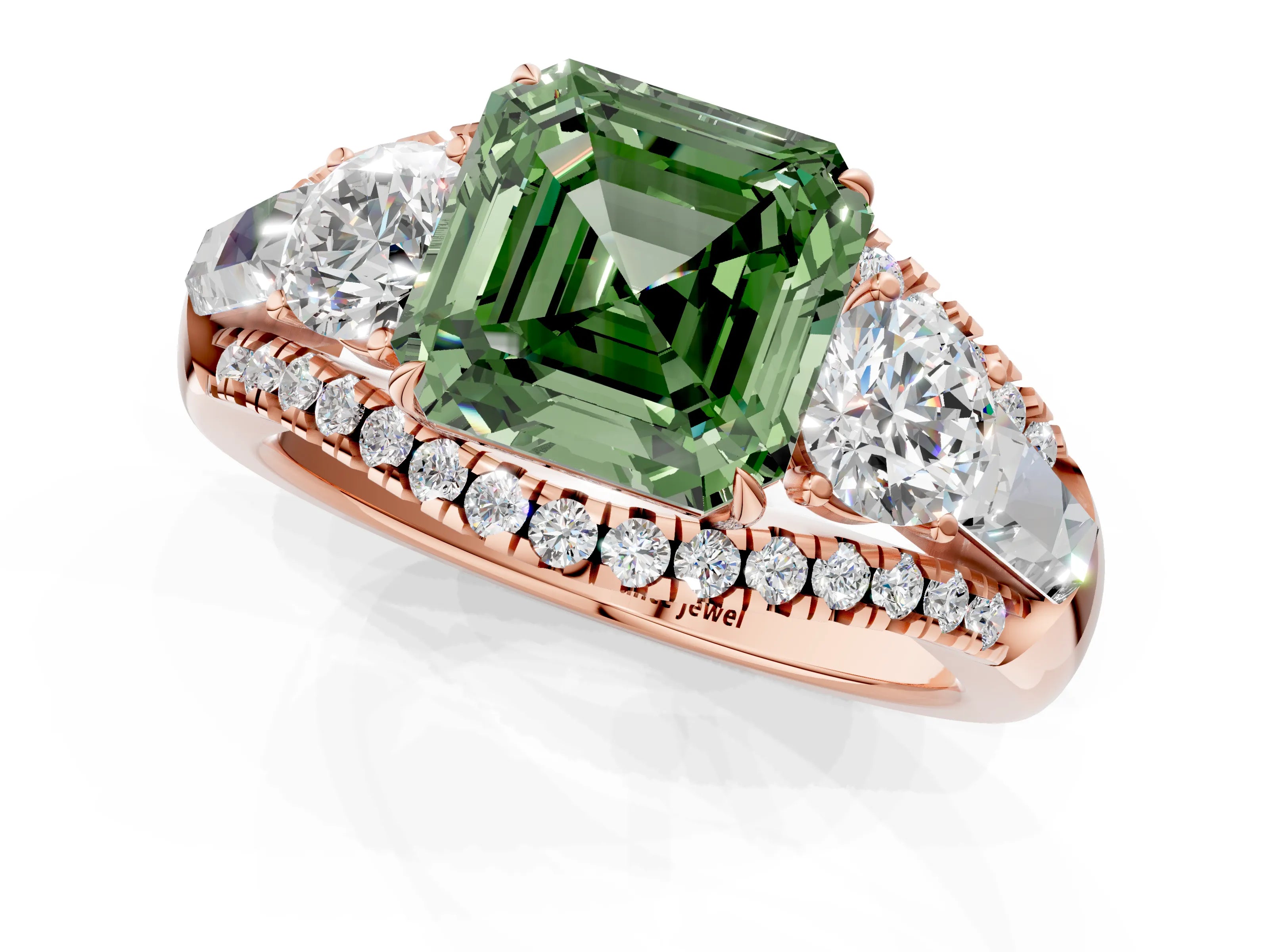 Rose gold Three-Stone Fancy Green Asscher Cut Diamond Engagement Ring with Pave Band and Prong Setting_1
