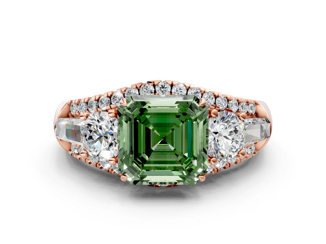 Rose gold Three-Stone Fancy Green Asscher Cut Diamond Engagement Ring with Pave Band and Prong Setting_12