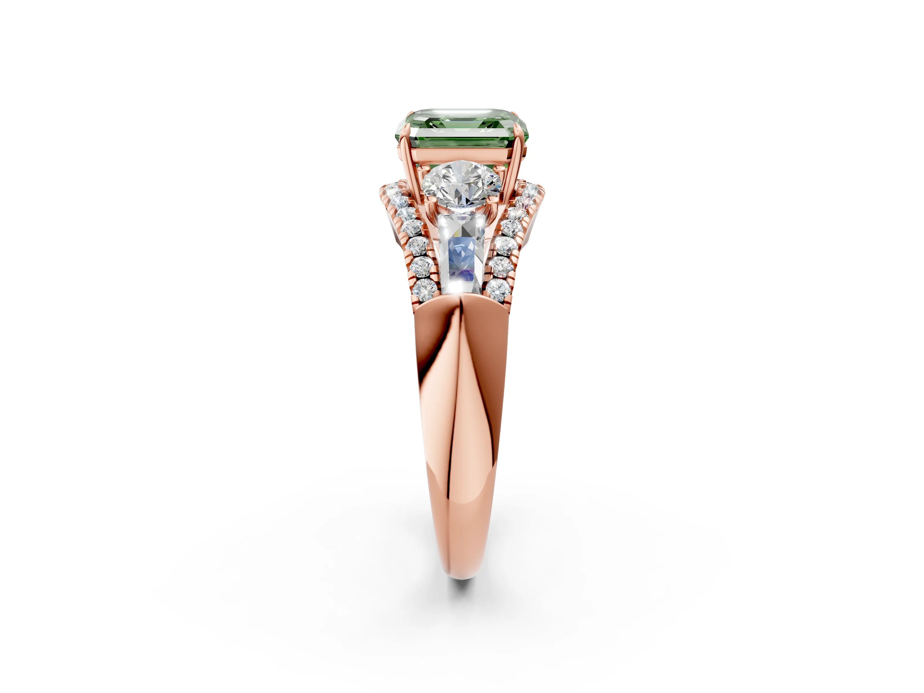 Rose gold Three-Stone Fancy Green Asscher Cut Diamond Engagement Ring with Pave Band and Prong Setting_14