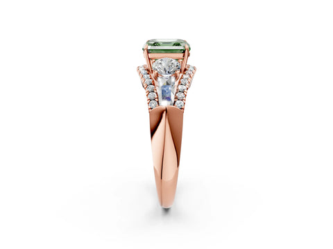 Rose gold Three-Stone Fancy Green Asscher Cut Diamond Engagement Ring with Pave Band and Prong Setting_14