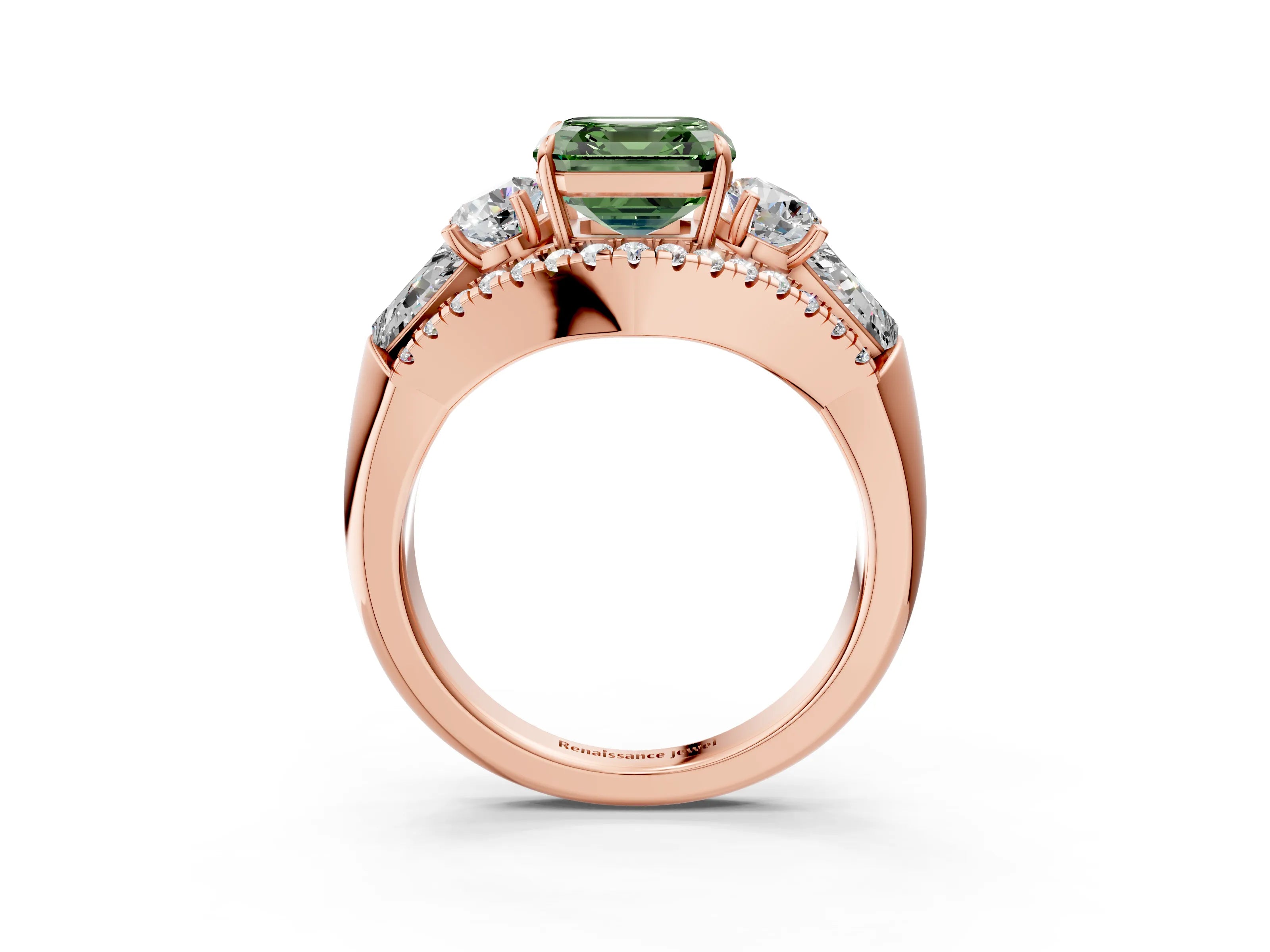 Rose gold Three-Stone Fancy Green Asscher Cut Diamond Engagement Ring with Pave Band and Prong Setting_15
